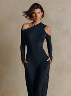 Raffaella | Mono de Fiesta Negro de Un Hombro con Pantalón de Pierna Ancha 5