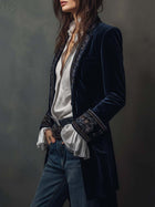 Victoria | Chaqueta Larga Vintage Azul Marino Bordada 4