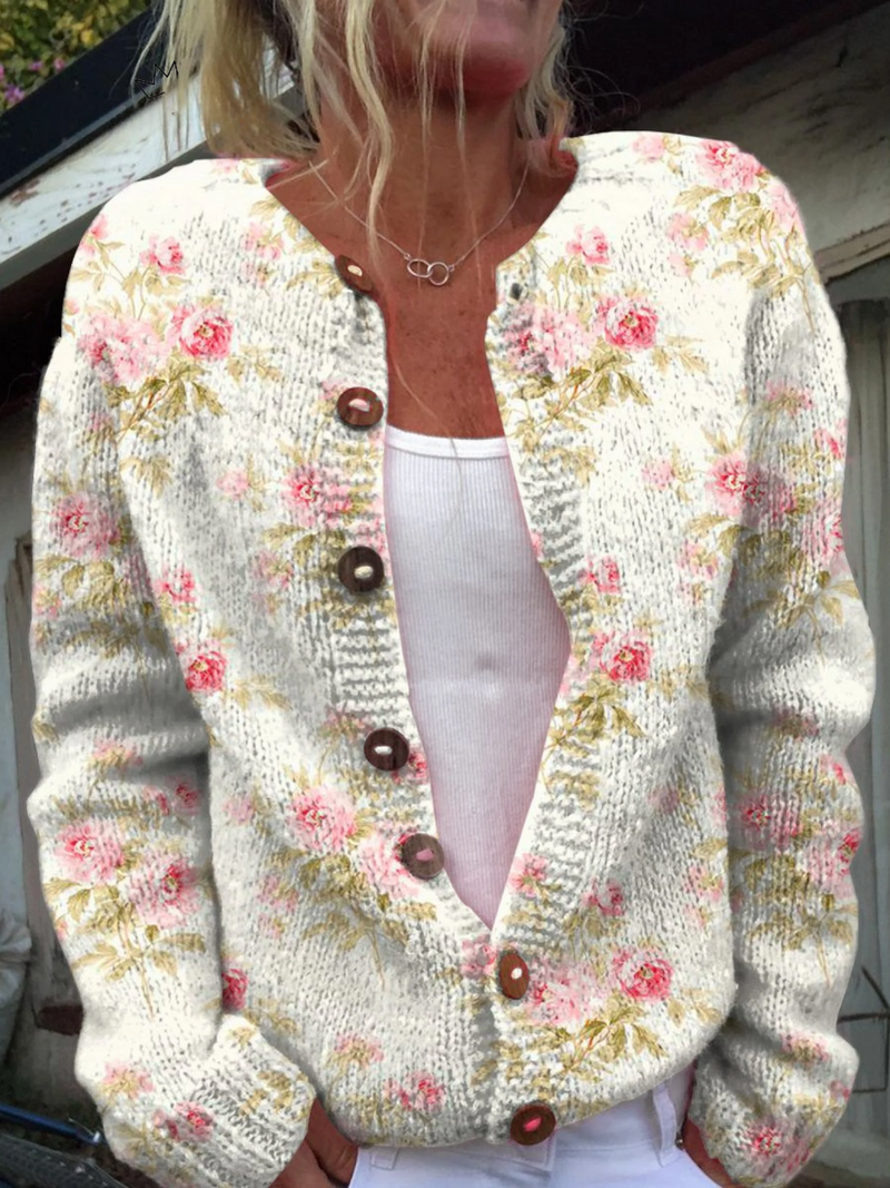 Cárdigan de Botones con Estampado de Flores y Hojas
