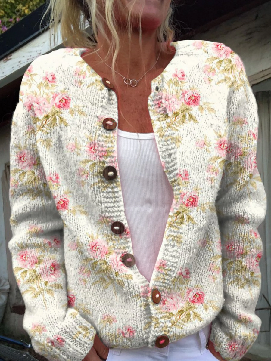 Cárdigan de Botones con Estampado de Flores y Hojas