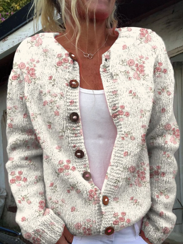 Cárdigan de Botones con Estampado de Rositas Rosas