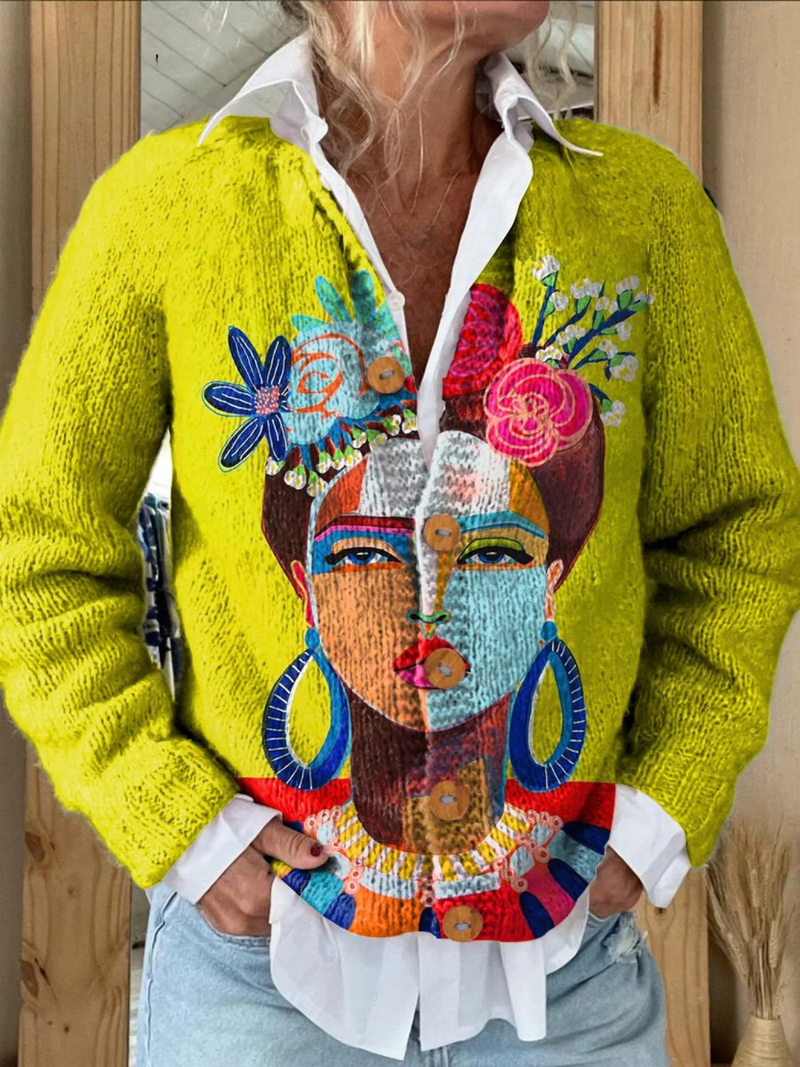 Cárdigan de Botones con Estampado de Retrato Pictórico