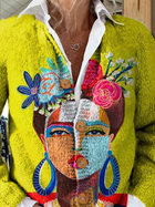 Cárdigan de Botones con Estampado de Retrato Pictórico 2