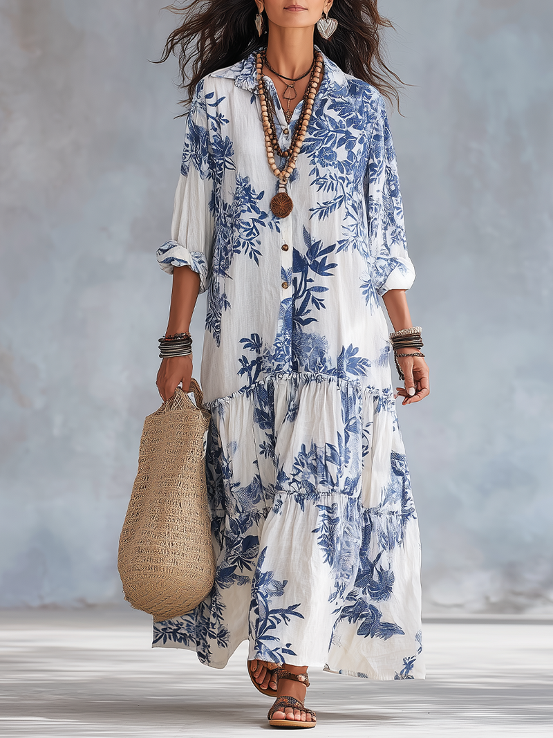 Dalia | Vestido Maxi Acampanado Floral Azul Bohemio