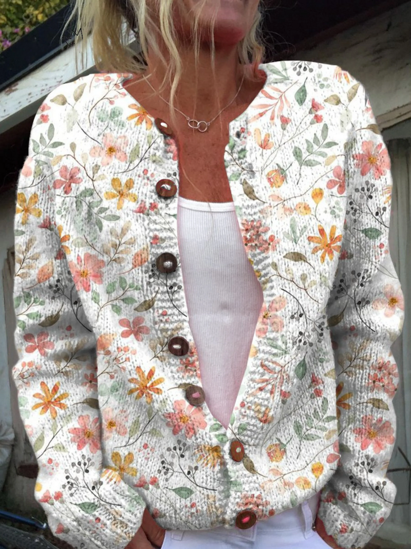 Cárdigan de Botones con Estampado de Florecitas Frescas