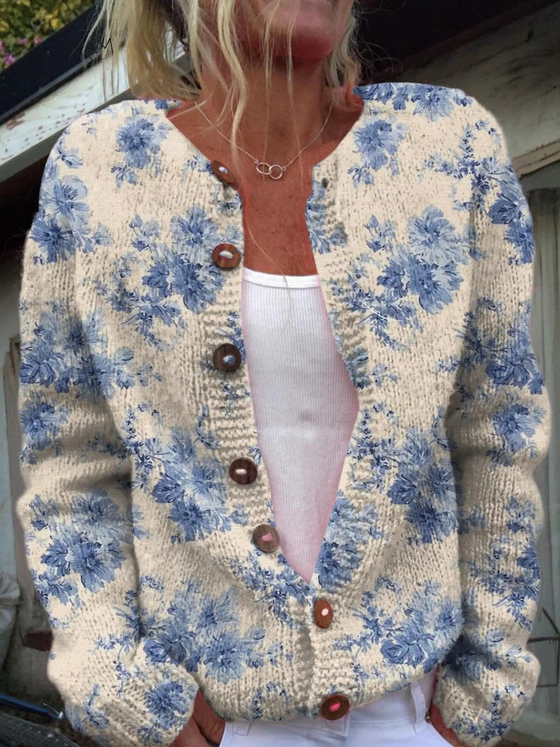 Cárdigan de Botones con Estampado Floral Artístico