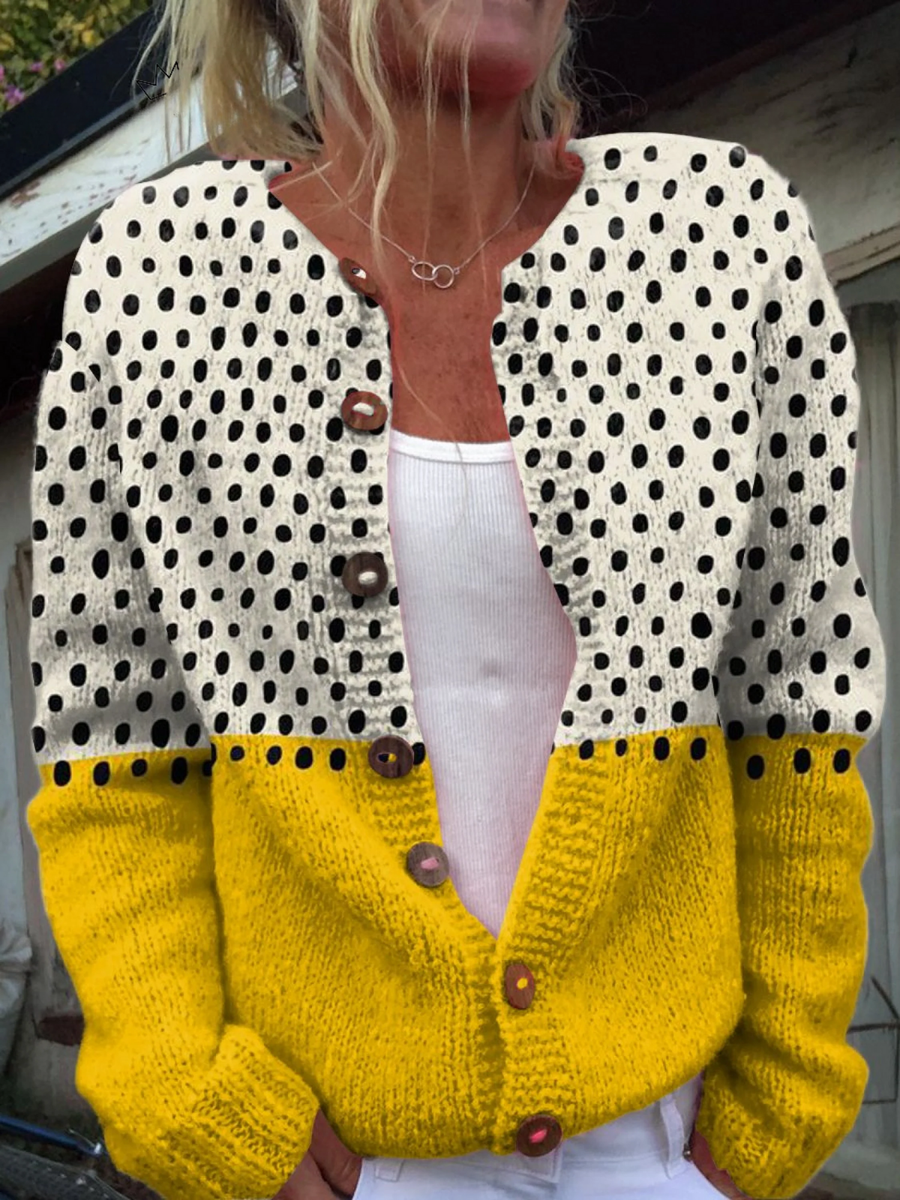 Cárdigan de Botones con Estampado de Lunares Amarillos