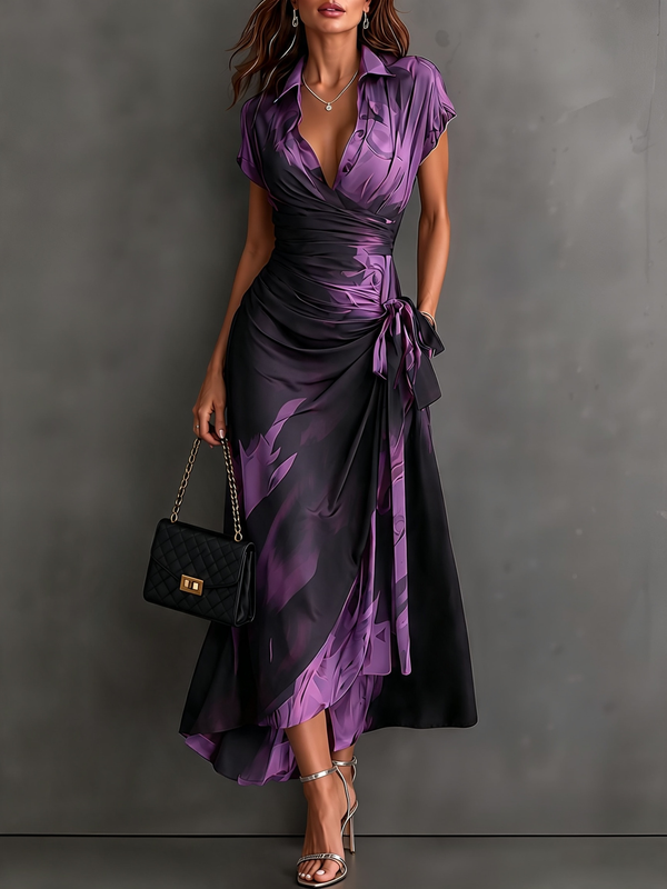 Elisa | Vestido Cruzado Midi Estampado Abstracto Morado