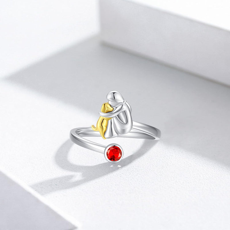 Anillo Perro y niña en Plata de ley - ajustable y simbólico