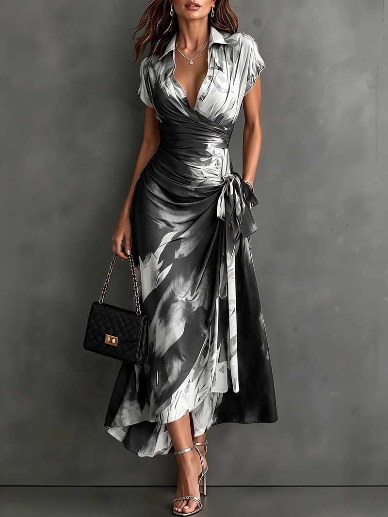 Carlotta | Vestido Cruzado Midi Estampado Abstracto Blanco y Negro
