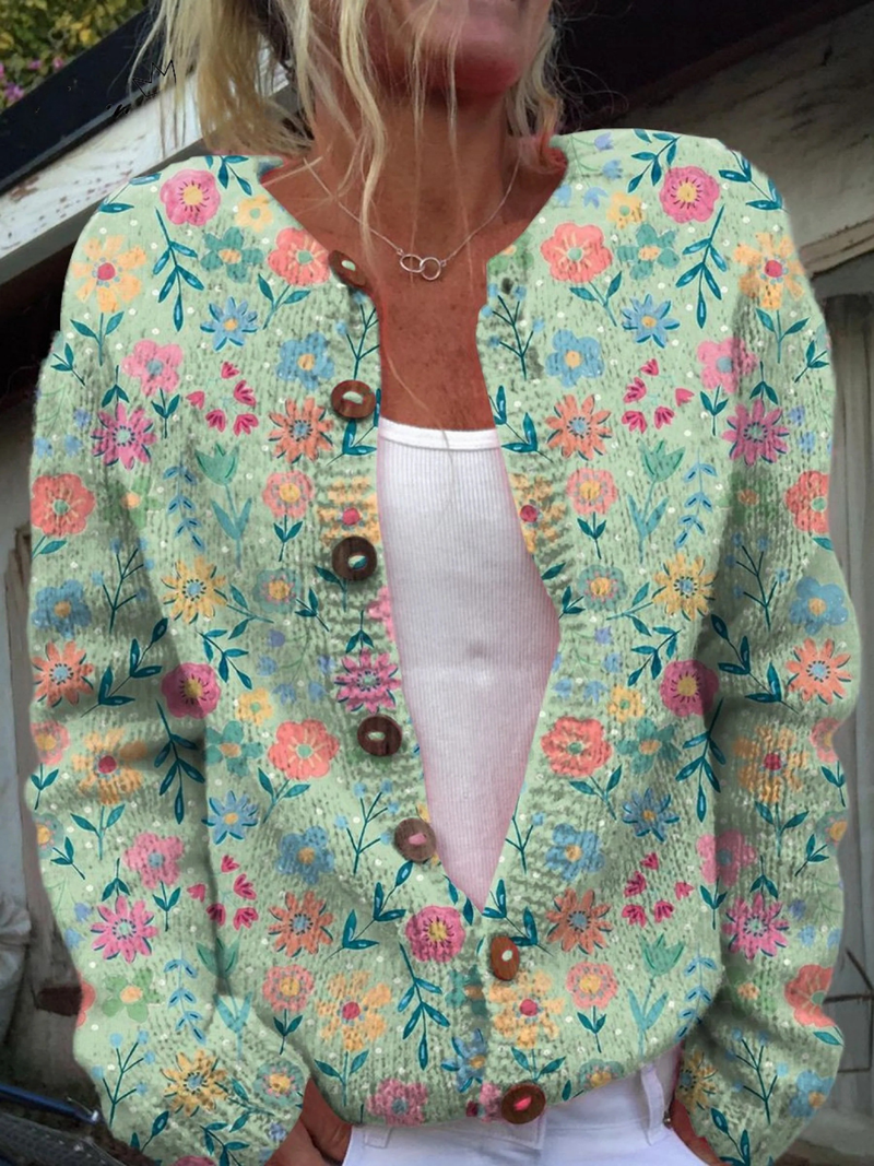 Cárdigan de Botones con Estampado de Patrón Floral