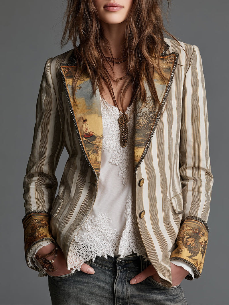 Suzanne | Blazer Bohemio a Rayas con Cuello Estampado