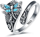 Anillo envolvente bohemio vintage en plata de ley con turquesa y libélula 3