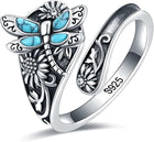 Anillo envolvente bohemio vintage en plata de ley con turquesa y libélula 2