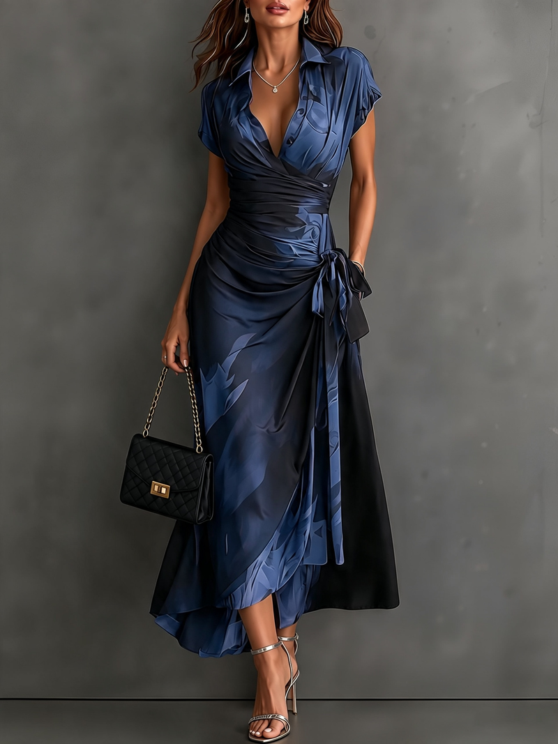 Camilla | Vestido Cruzado Midi Estampado Abstracto Azul