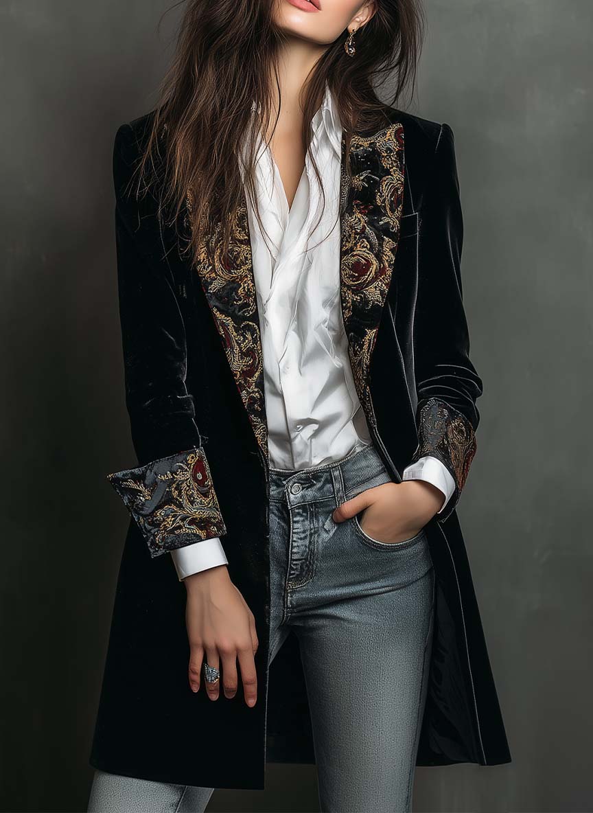 Léontine | Fitted Baroque Print Black Blazer