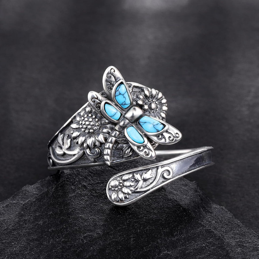 Anillo envolvente bohemio vintage en plata de ley con turquesa y libélula