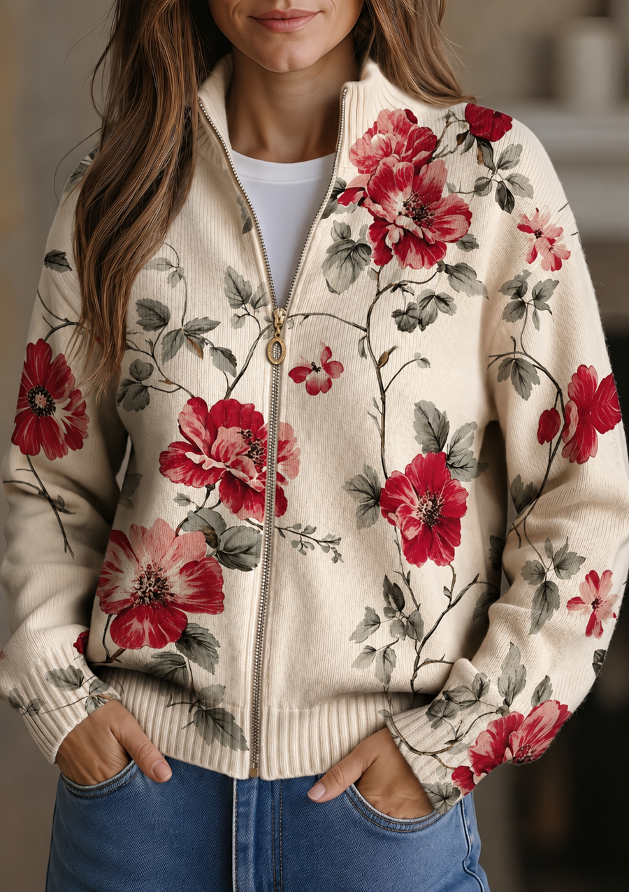 Wilhelmine™ | Cárdigan con Cierre y Estampado Vintage de Rosas