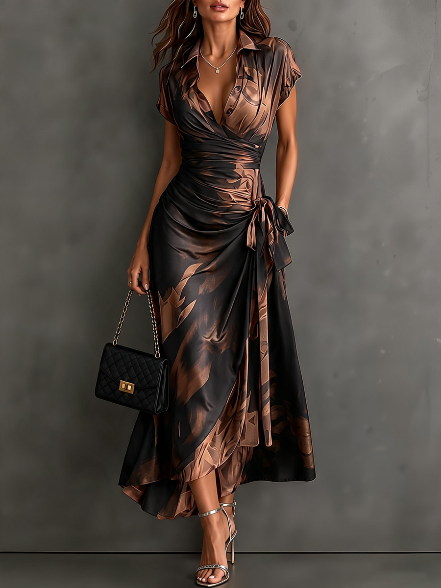 Francesca | Vestido Cruzado Midi Estampado Abstracto Café