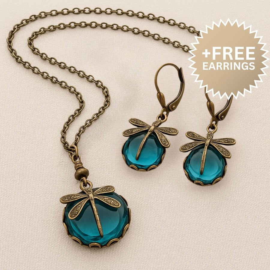Hermoso collar de libélula vintage con aretes de regalo - Oferta por tiempo limitado