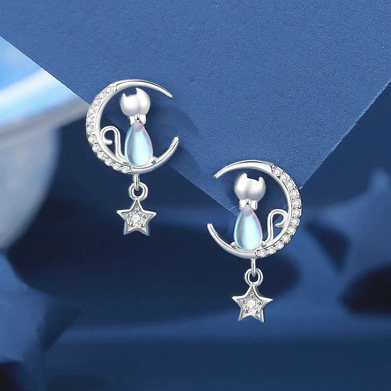 Aretes Gato lune y étoile en Plata de ley 925 con zircon