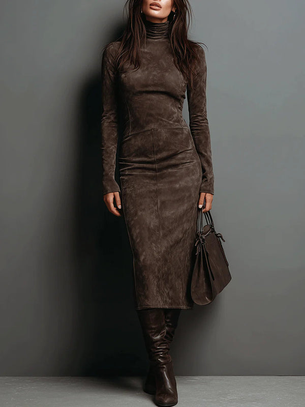 Lorene | Vestido midi marrón de efecto ante