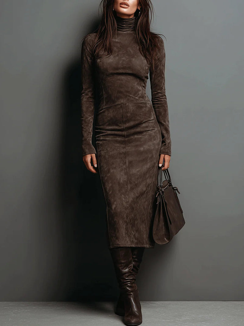 Lorene | Vestido midi marrón de efecto ante