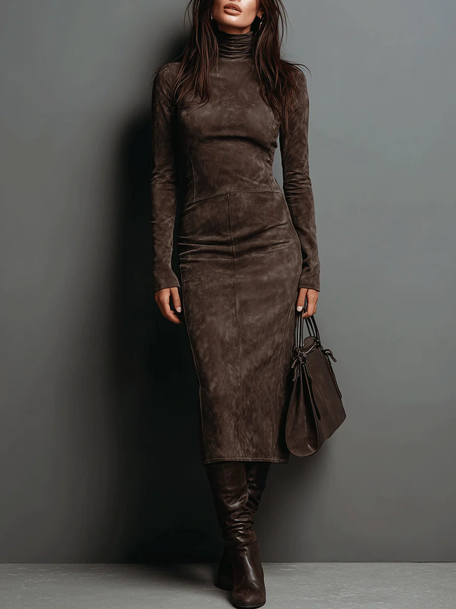 Lorene | Vestido midi marrón de efecto ante
