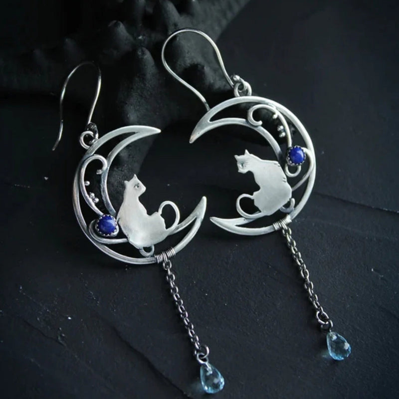Aretes Bohemios Gato en zircon Azul en Plata de ley