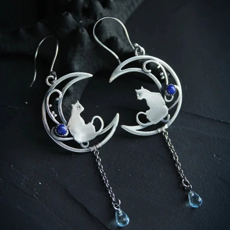 Aretes Bohemios Gato en zircon Azul en Plata de ley