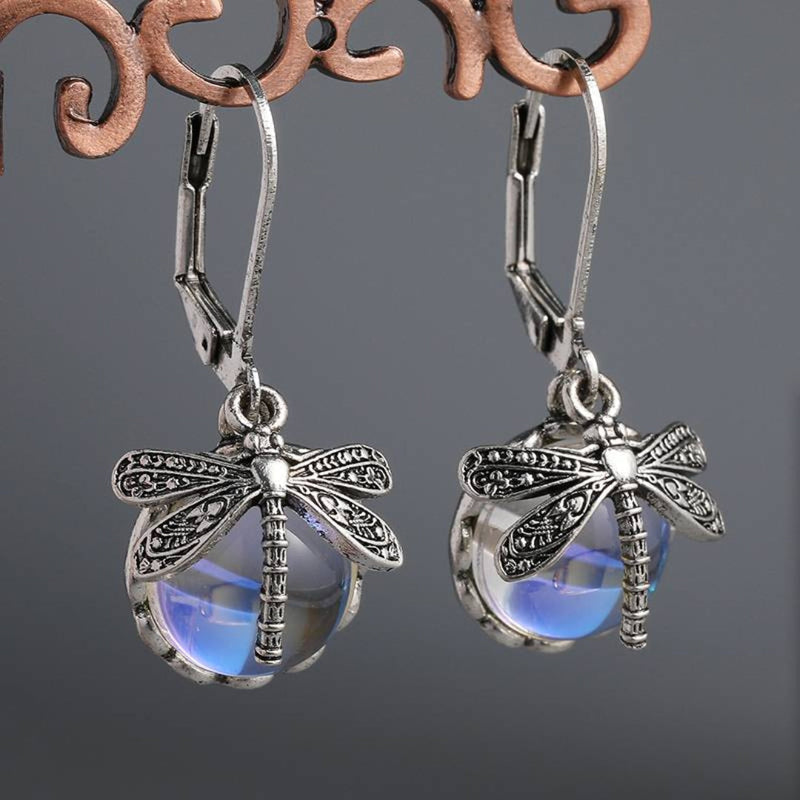 Aretes de libélula esférica en plata antigua