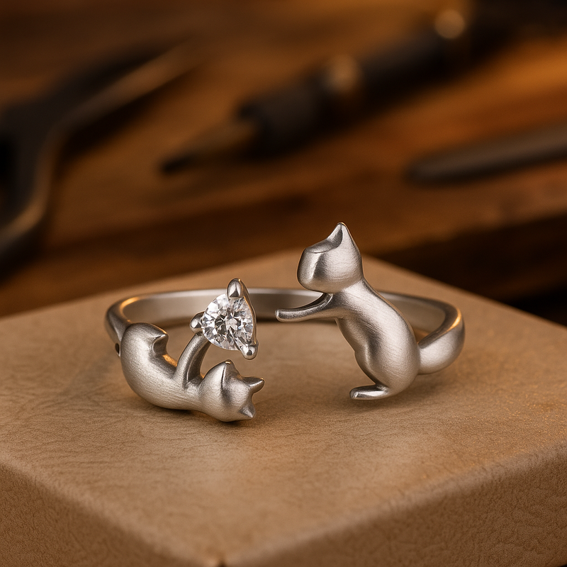 Anillo réglable ludique en Plata de ley con Zirconia en forme de Gato