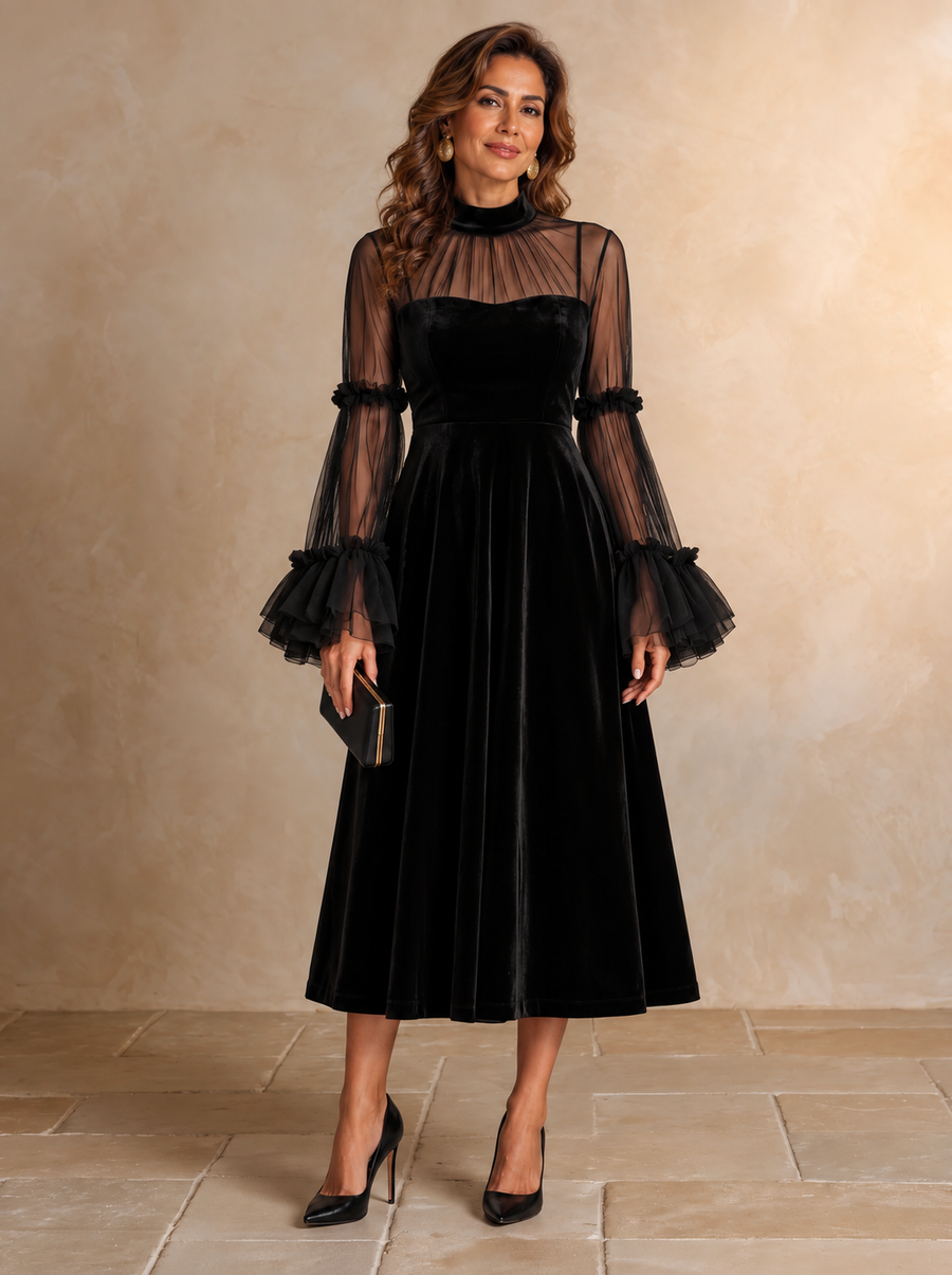 Stefania | Vestido Midi Plisado de Terciopelo Negro y Malla Transparente
