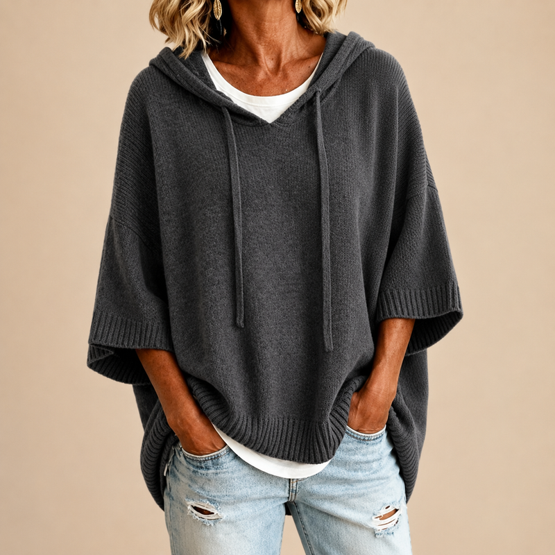 Poncho de Punto con Capucha en Gris