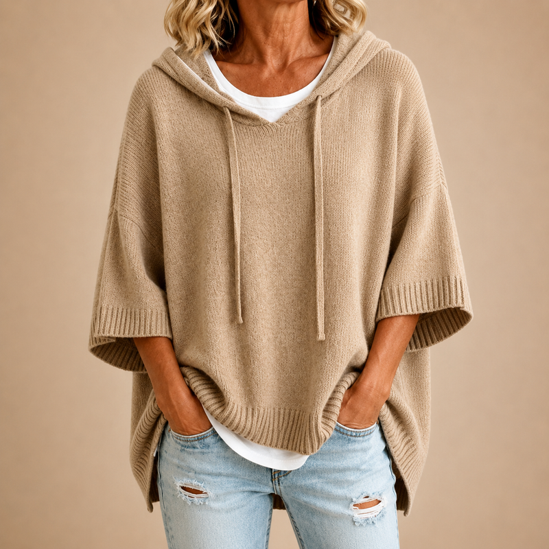 Poncho de Punto con Capucha en Caqui