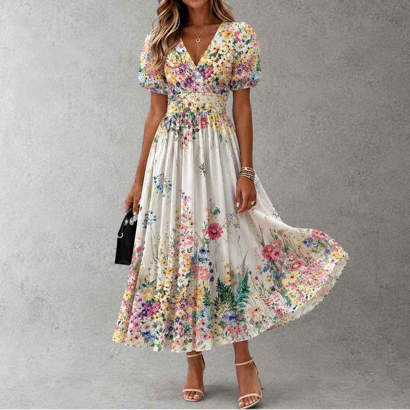 Rosalinda | Vestido Maxi Floral de Manga Corta