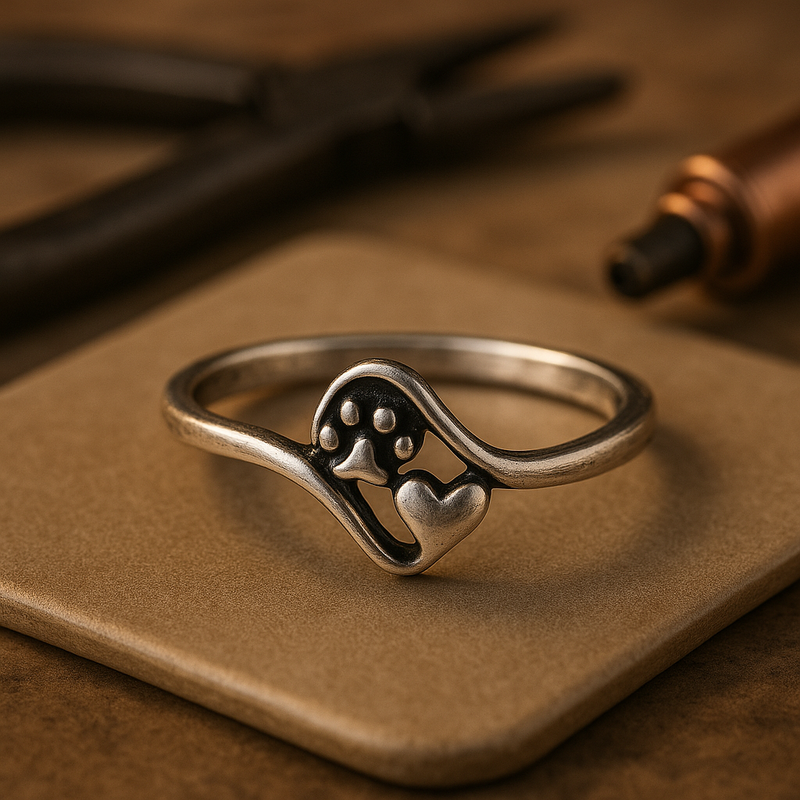 anillo vintage en plata de ley con huella y corazon