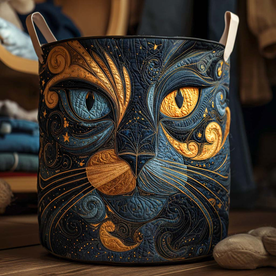 Cesto acolchado con gato bajo un cielo estrellado