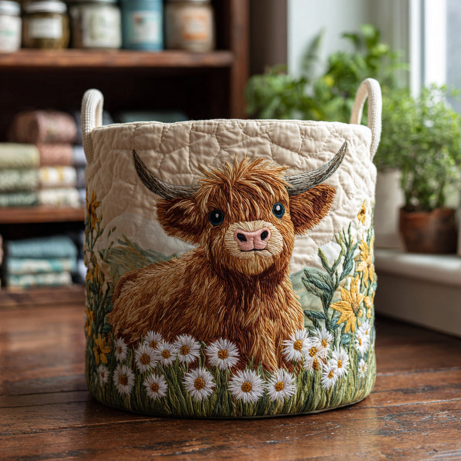 Cesto acolchado con vaca Highland entre flores