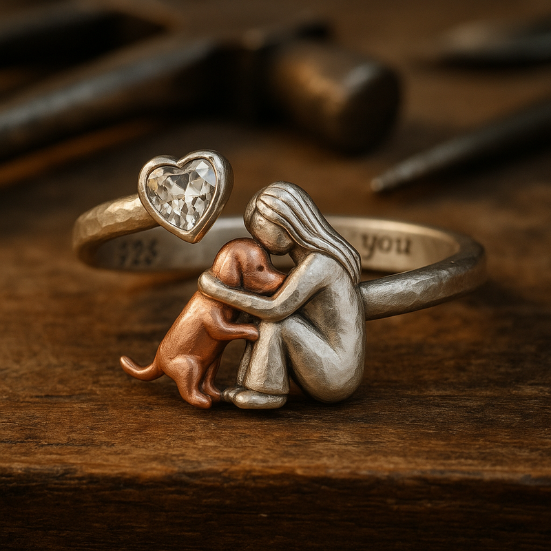 Anillo Perro Faite Main en Plata de ley 925 con Zirconia Corazón - Talla ajustable