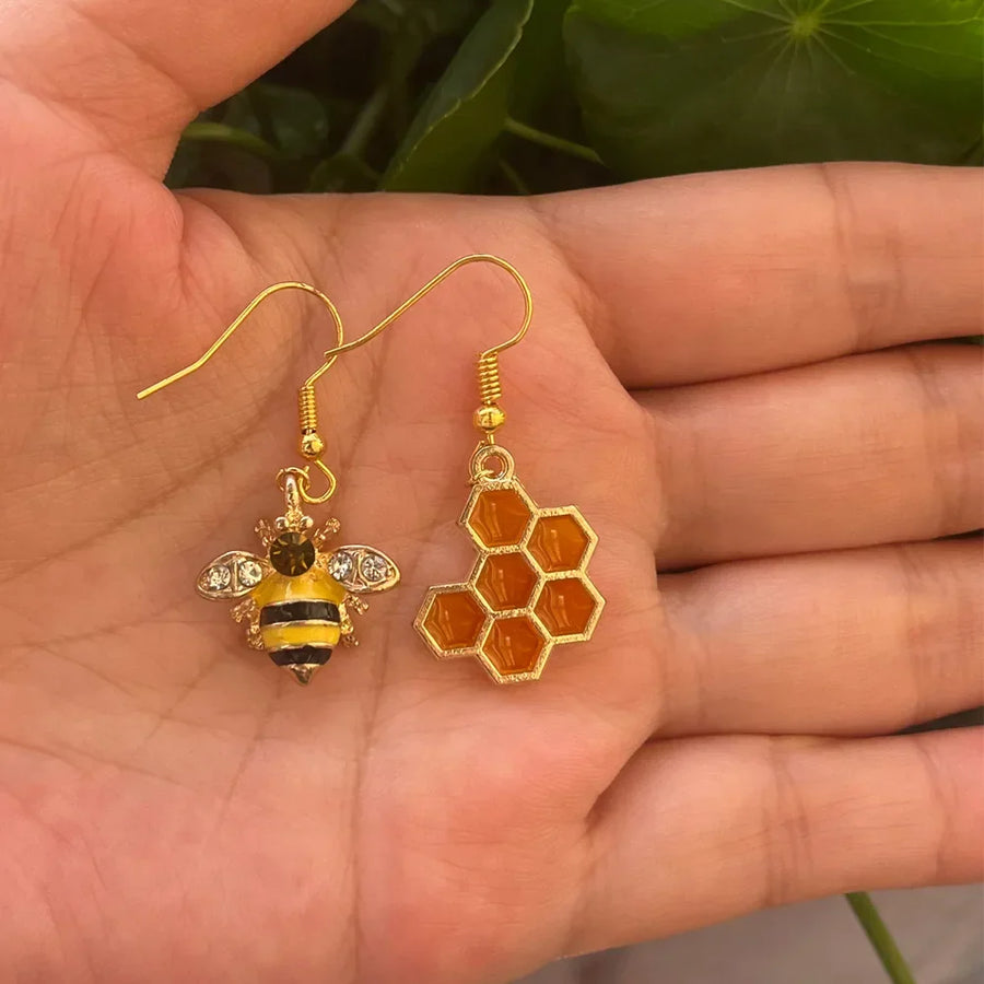 Aretes Abeja Doradoe y nid d'Abeja en cristal