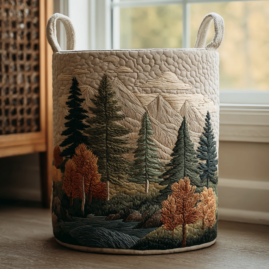 Cesto acolchado con montañas y bosque