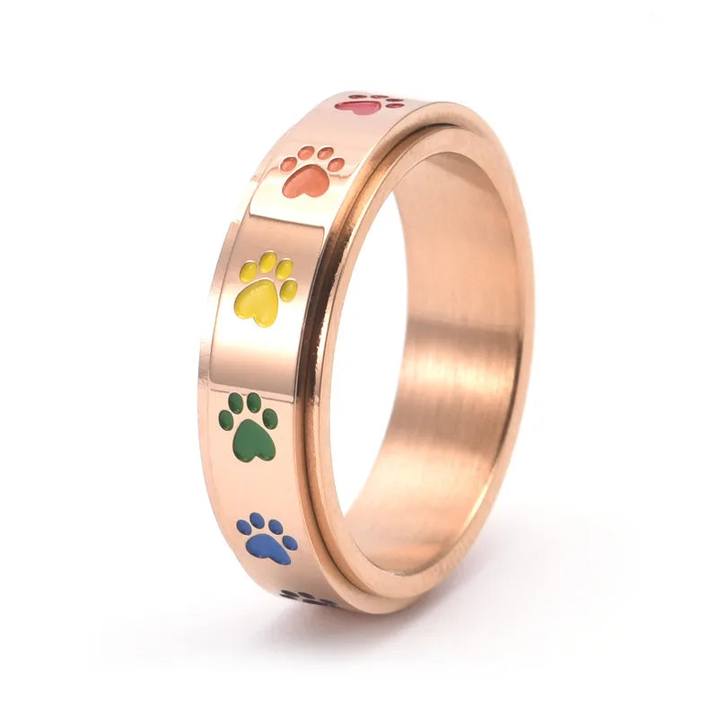 Anillo Huella anti-stress tournante - Acero inoxidable con Huellas Arcoíris