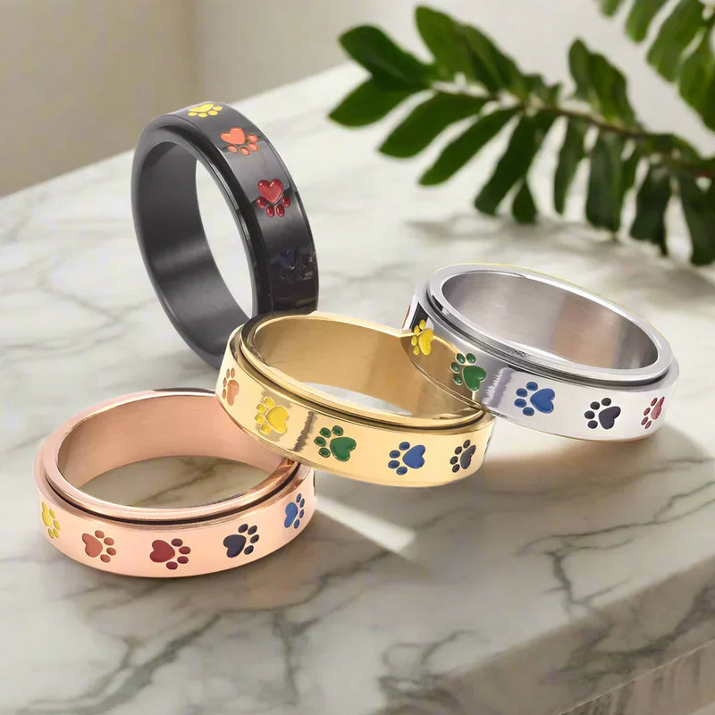 Anillo Huella anti-stress tournante - Acero inoxidable con Huellas Arcoíris
