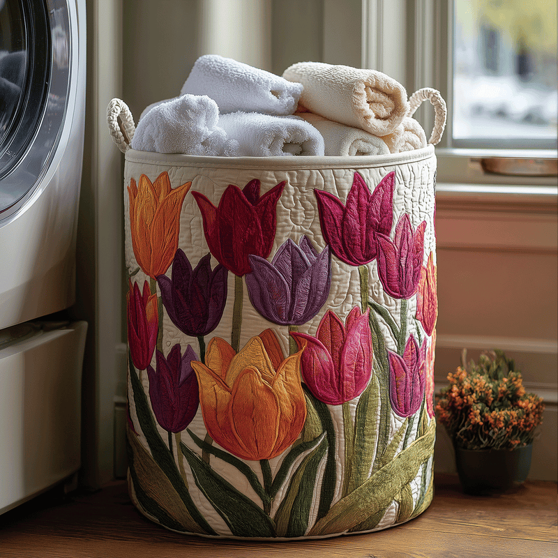 Cesto acolchado con tulipanes en flor