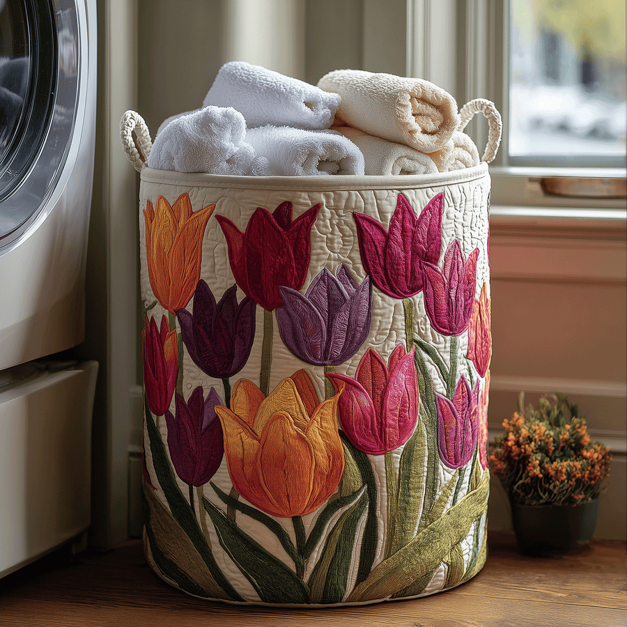 Cesto acolchado con tulipanes en flor