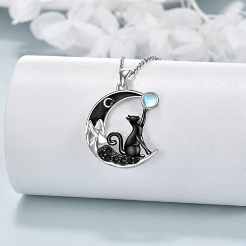 Collar Colgante lune y cristal Gato Negro