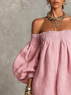Gisela Vestido Mini Rosa en Línea A con Mangas Farol y Hombros al Descubierto 5