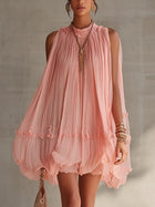 Magdalena Vestido Mini de Chiffon Rosa a Rayas con Escote Halter 1