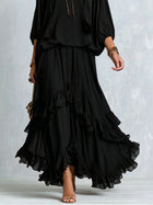 Elvira | Conjunto de Top de Gasa Negro con Escote en V y Flecos Combinado con Falda de Volantes en Capas 4